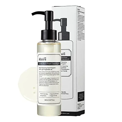 Image of DearKlairs Gentle Black Fresh Cleansing Oil, a light and spreadable texture, only 6 ingredients (5.07 Fl Oz)