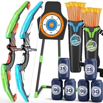 Image of HYES 2 Pack Bow and Arrow with Standing Target for Kids, LED Light Up Archery Set 24 Suction Cup Arrows, 6 Score Targets &amp; Quiver, Indoor Outdoor Sport Gifts Boys Girls Ages 4 12