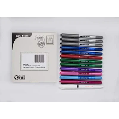 Image of uni ball UB 157D Eye Designer Rollerball Pens. Box of 3 x Black, 2 Blue, Green, 1 Red, Light Violet, Wine, Pink + Exclusive Signo Gel Pen for Super Smooth Handwriting