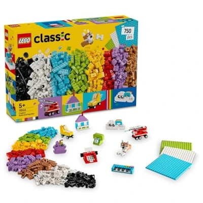 Image of LEGO Classic Creative Build and Play Box Colourful Bricks Set a House, Dog, Fire Engine Toy, Piano Keyboard, Clouds &amp; Rainbow Arts Crafts Kit for 5+ Year Old Boys Girls 11044