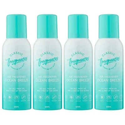Image of Classic Fragrances 4 Pack Ocean Breeze Sea Salt, Fresh Air &amp; Aroma Freshener Spray For Home Vehicles Long Lasting Smell, Portable Can Deodorise Neutralise Odours 125ml