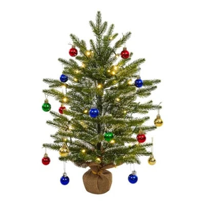 Image of Uten 2ft/60cm Artificial Mini Christmas Tree, PE Tabletop Small Xmas Tree with 50 LED String Lights, 18 Decorative Balls, Burlap Base for Office Dinner Table Windowsill Desktop Decoration