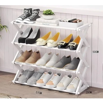 Image of 3 Tier Shoe Rack With Storage Shelf on top Organiser Metal Fits 6 Pairs of Shoes Stackable for Hallway, Living Room, Bedroom Small (White)