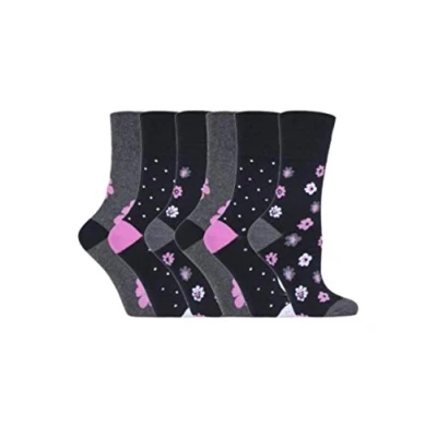 Image of Gentle Grip 6 Pairs Cotton Socks 4 8 UK 37 42 EUR FLORAL ENCHANTMENT Black/Charcoal/Lilac