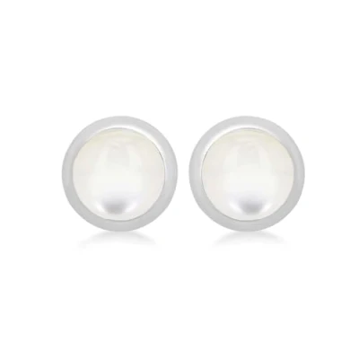 Image of Tuscany Silver Women&#039;s Sterling Stud Earrings White Cabochon Mother of Pearl June Birthstone 4mm