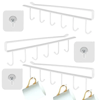 Image of Fulushouxi 3 Pcs Cup Holder Under Cabinet, Kitchen Coffee Tea Mug Holders with 6 Hook, Shelf Cabinet Cupboard Glasses Storage Drying Rack Adhesive Screws White