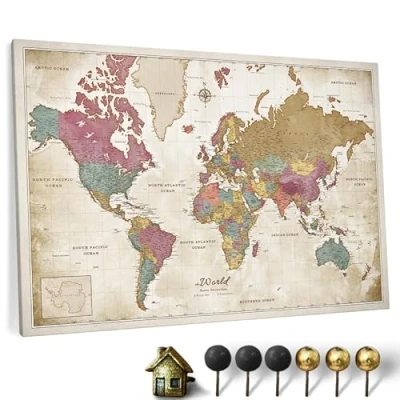 Image of Canvas World Map with Cork Pin Board English Lettering Decorative Wall Decoration for All Rooms Pictures Motif (70x50 cm, Pattern 20)