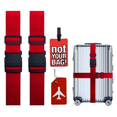 Image of Luggage Strap Set,Suitcase Straps,Luggage Straps for Suitcases,2 Pieces Straps+2 Tags,Suitcase Travel Accessories Quick Identification of Luggage(Red)
