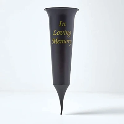 Image of HOMESCAPES “in Loving Memory Black &amp; Gold Grave Vase/Grave Pot Flute with Ground Spike for Flowers, 31 cm