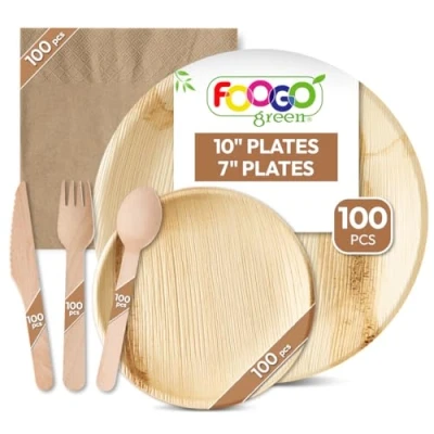 Image of FOOGO Green 600pcs Disposable Palm Leaf Plates Wooden Cutlery Set and Napkins, FSC® Certified, 100x Large Round Plates, Small Side Forks, Knives, Spoons, Eco