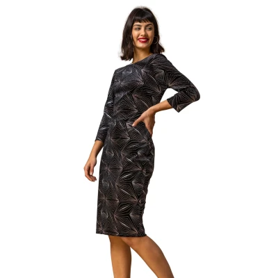 Image of Roman Womens Glitter 3/4 Sleeve Velvet Dress Bronze Size 18 UK