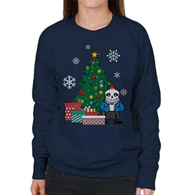 Image of Cloud City 7 Sans Around The Christmas Tree Undertale Women&#039;s Sweatshirt Navy Blue