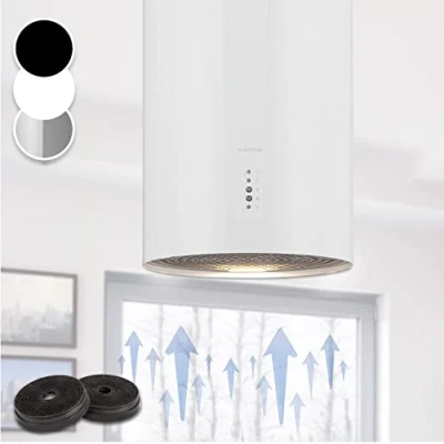 Image of Klarstein Hanging Island Cooker Hood, Extractor Fan for Kitchen Islands, 600m3/h Airflow, Timer, Adjustable w/Pipe Design, 3 Mode Hoods, Activated Carbon Filters