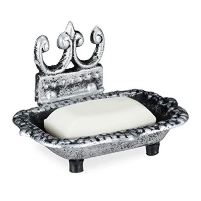 Image of Relaxdays Dish, Tray, Plate, Cast Iron, Antique Design, Angular Soap Holder, Drain, Nostalgic, Silver, Rubber, 10 x 11.5 15 cm
