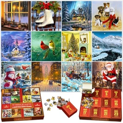 Image of Unique Jigsaw Puzzle Advent Calendar 2024 Collection of Twelve 100 Piece Puzzles, 12 Days Xmas Holiday Countdown, Fun for Kids, Adults and Family, Licensed Artwork from Well known Artists