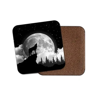Image of 1 x Full Moon Wolf Coaster Mysterious Silhouette Howling Forest Husky #15358