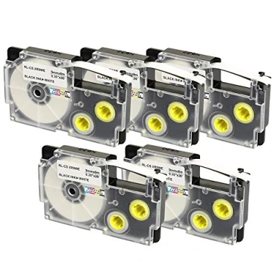 Image of 5 Compatible XR 9WE 9WE1 Black on White 9mm x 8m Self Adhesive Label Tapes for Casio KL 60 100 120 200 300 750 780 820 2000 7000 7200 8100 CW L300 Makers