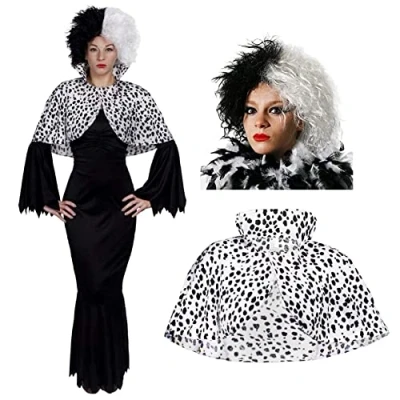 Image of Evil Dog Lady Fancy Dress Costume Large Long Black + Half White Wig Cape Perfect for World Book Day
