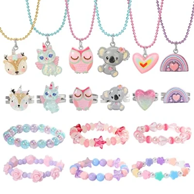 Image of Pinkgarden Unicorn Necklace Ring Sets for Kids Little Girls, 6 and Necklace, Party Favors Gift Bag