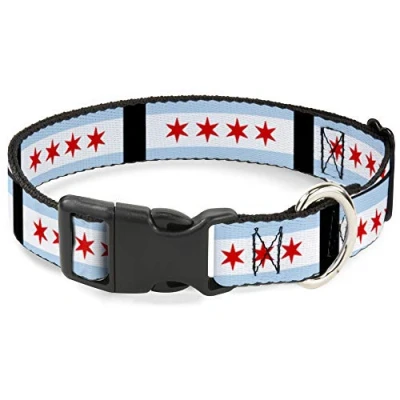 Image of Buckle Down Plastic Clip Collar Chicago Flags/Black 1&quot; Wide Fits 15 26&quot; Neck Large