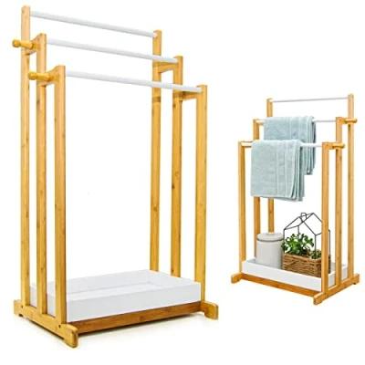 Image of DuneDesign Sustainable Bamboo Towel Rack 45x35x84 Free Standing Clothes Rail Wooden Stand