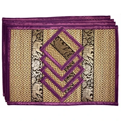 Image of Hand Woven Wicker Reed Placemats and Coaster Set Alternative to Plastic Heat Resistant Thai Style Durable Clean Perfect for Dining Table Décor of 4 (Medium Purple)