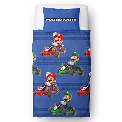 Image of Nintendo Mario Kart Official Single Duvet Cover Set, Checkers Design Blue Reversible 2 Sided Bedding Merchandise Including Matching Pillow Case