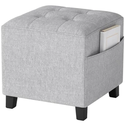 Image of HOMCOM Small Footstool Square Ottoman with Padded Seat, Light Grey