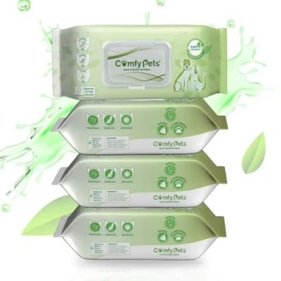 Image of Comfy Pets Earth Friendly Wet Wipes For Dogs, Cats &amp; Puppies, Soft and Thick Fragrance Free Biodegradable Grooming Ears, Paws, Body Bum (4)
