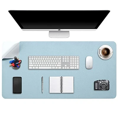 Image of DOBAOJIA Desk Pad XX Large, Mat, Blotter, Laptop Pad, Extended Mouse XXL, Writing for Office/Home, Dual Side Use PU Leather Waterproof 35.4&quot; X 16.9&quot;(Light Blue/Silver)