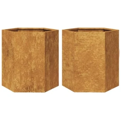 Image of vidaXL Garden Planter Patio Flower Pots Freestanding Hexagon Corten Steel 46 x 40 45 cm Set of 2 Rust Brown for Flowers, Plants, Herbs, Vegetables