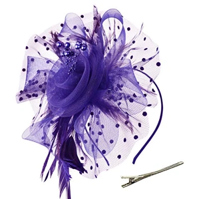 Image of DRESHOW Fascinators Hat Flower Mesh Ribbons Feathers on a Headband and Forked Clip Cocktail Tea Party Headwear for Girls Women
