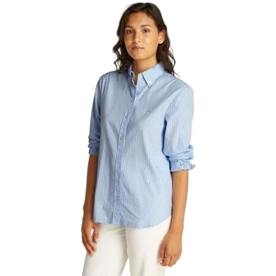 Image of Tommy Jeans Women’s Regular Fit Pinstripe Poplin Shirt, Multicolor (Sugarplum Blue/Stripe), XL