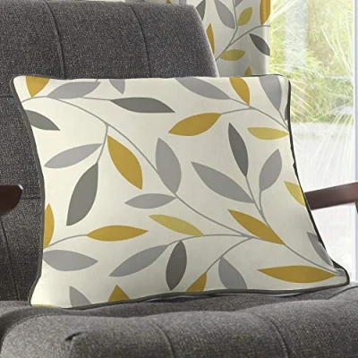 Image of Fusion Grey/Ochre Floral Leaf Cushion (43 x 43cm) 100% Cotton Filling Included Piped Edge Matching Curtains Available Grey/Yellow with Cover Included/Cushion Insert