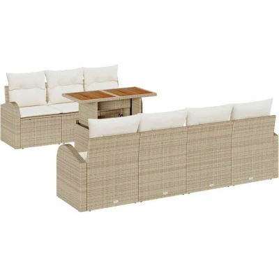 Image of vidaXL 8 Piece Garden Dining Set with Cushions Beige Poly Rattan Acacia