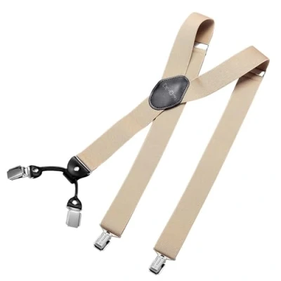 Image of DonDon Mens Braces Suspenders 3,5 cm 1,38&quot; Wide 4 Clips with Leather in Y Form Elasticated and Adjustable Length Beige