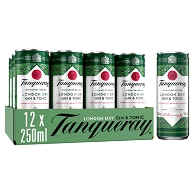 Image of Tanqueray London Dry Gin &amp; Tonic 12 x 250ml Pre Mixed Cans Botanicals with Enjoy Chilled or in a Glass Balanced Flavour