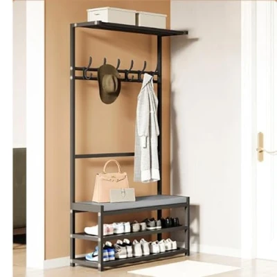 Image of Hall Tree with Removable Hooks and 2 Tier Shoe Stand, Industrial Coat Rack Stand Bench, Top storage,Free Standing Tree, Entryway Storage Shelf, for Living Room,Hallway
