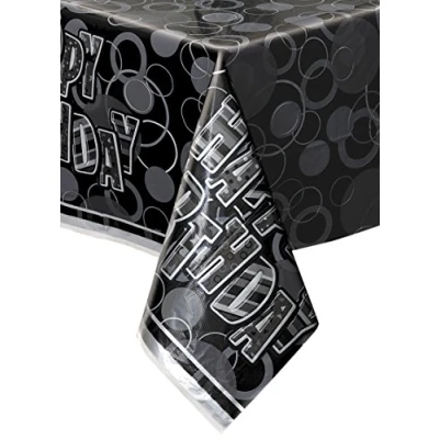 Image of Unique Party 28473 Glitz Black and Silver Birthday Plastic Tablecloth, 7ft x 4.5ft