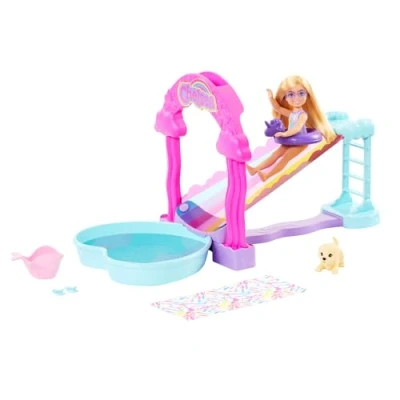 Image of Barbie Chelsea Rainbow Water Slide Playset with Doll, Dog, &amp; Accessories, Pour Into Arch to Make it “Rain, HTK39