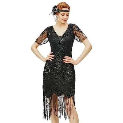 Image of BABEYOND 1920s Flapper Fringed Sequin Dress Roaring 20s Fancy Gatsby Costume V Neck Vintage Beaded Evening (Black, XS)