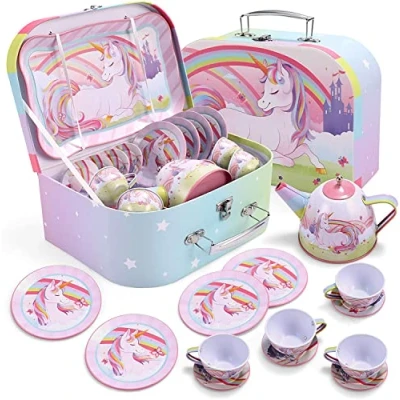Image of JOYIN Unicorn Tea Set for Toddlers Party Children Kids Pretend Role Play Tin Teapot with Cups, Plates and Carrying Case Kitchen Toy Little Girls Birthday Gifts Age 3 4 5 6