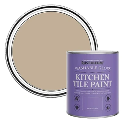Image of Rust Oleum Brown Water Resistant Kitchen Tile Paint in Gloss Finish Salted Caramel 750ml