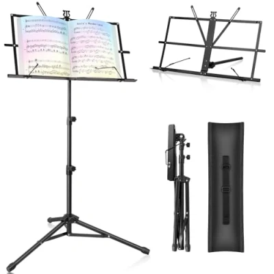 Image of New Bee Music Stand Stands for Sheet with Carrying Bag, Metal Portable, Adjustable Podium Tripod Base and Folder Black