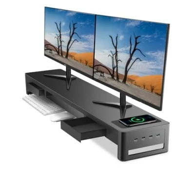 Image of meatanty Dual Monitor Stand with Wireless Charging Module and USB Ports,Metal Computer Riser Supports Data Transfer