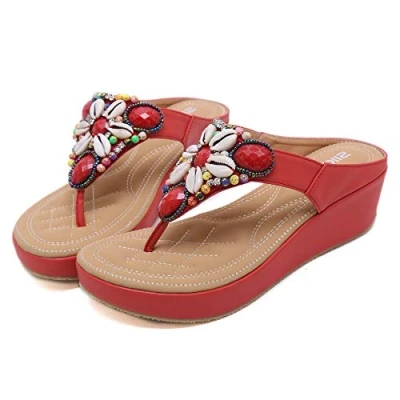 Image of Womens Platform Sandals Flip Flops,Summer Bohemian Beaded Beach Casual Shoes Ladies Indoor Outdoor Slippers Red 4 UK
