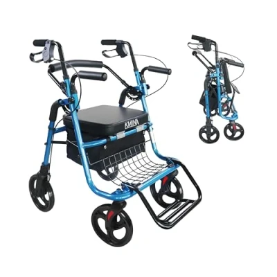Image of KMINA Wheelchair Walker Duo, Rollator Hybrid, Rollators 4 Wheel with Seat Folding, and Wheels, 2 in 1 &amp; Wheelchair, Blue Basket