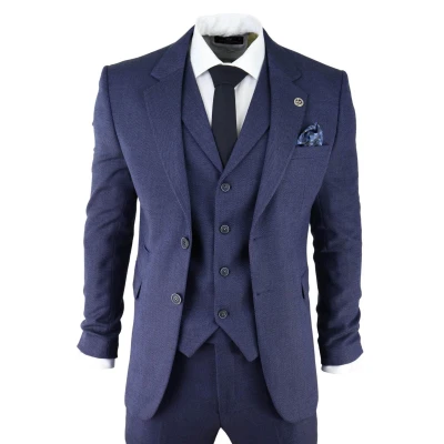 Image of Mens Classic Navy Blue 3 Piece, 2 Button Single Breast Wool Mix Herringbone Tailored Suit Peaky Slim Fit 50