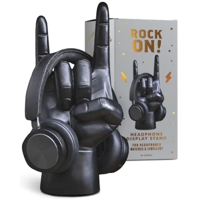 Image of Luckies of London Rock On Headphone Stand Headset &amp; Holder Desk Tidy Cable Management Organiser or Hand Shape Jewellery Accessories Black