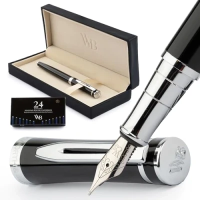 Image of Wordsworth &amp; Black Fountain Pen Set, Medium Nib, Includes 24 Ink Cartridges and Refill Converter, Gift Case, Journaling, Calligraphy, Smooth Writing Pens [Black Chrome], Perfect for Men Women